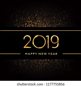 Happy New Year 2019 with glitter isolated on black background, text design gold colored, vector elements for calendar and greeting card.