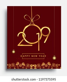 Happy New Year 2019 with glitter isolated on black background, text design gold colored, vector elements for calendar and greeting card.