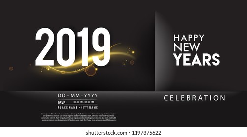 Happy New Year 2019 with glitter isolated on shiny background, text design gold colored, vector elements for calendar and greeting card.