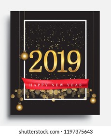 Happy New Year 2019 with glitter isolated on shiny background, text design gold colored, vector elements for calendar and greeting card.
