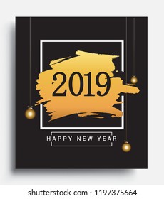 Happy New Year 2019 with glitter isolated on black background, text design gold colored, vector elements for calendar and greeting card.