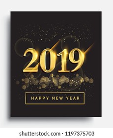 Happy New Year 2019 with glitter isolated on black background, text design gold colored, vector elements for calendar and greeting card.