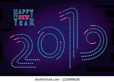 Happy New Year 2019 Glowing Neon Sign Style Logo Lettering and Small Months and Dates Composed into Numerals - Blue and Red on Striped Background - Vector Mixed Graphic Design