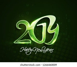 Happy New Year 2019 Glowing Text Design, Vector illustration.