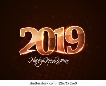Happy New Year 2019 Glowing Text Design, Vector illustration.