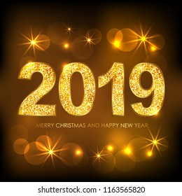 Happy new year 2019 gold glitter texture type on magic stars lights with bokeh effects background. Vector illustration.