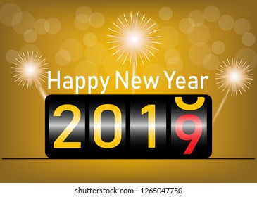 Happy New Year 2019 gold background with firework celebration vector