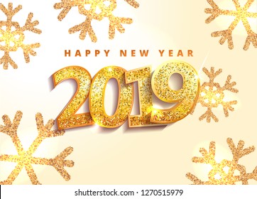 Happy New Year 2019 gold  number design spark snowflake with glitter and sparkle firework  shining white vector illustration. EPS 10 