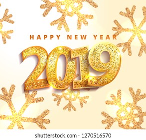 Happy New Year 2019 gold  number design spark snowflake with glitter and sparkle firework  shining white vector illustration. EPS 10 