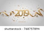 Happy New Year 2019. Golden numbers with ribbons and confetti on a white background.
