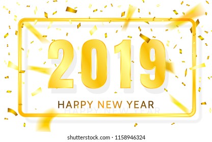 Happy New Year 2019. Golden numbers with ribbons and confetti on a white background. Vector illustration.