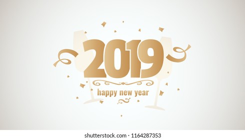 Happy new year 2019. Golden vector illustartion with serpantine and confetti on light backround