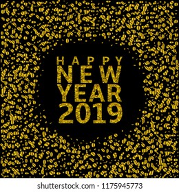 Happy New Year 2019. Golden Flying confetti background, Vector illustration