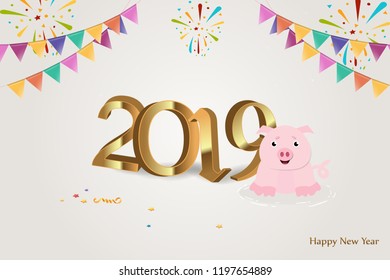 Happy New Year 2019. Golden 3D numbers with ribbons and pink pig on white background.