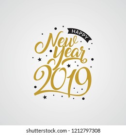 Happy New Year 2019 golden typography. Greeting card design with hand lettering winter holidays. Vector Illustration