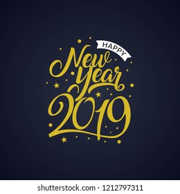 Happy New Year 2019 golden typography. Greeting card design with hand lettering winter holidays. Vector Illustration