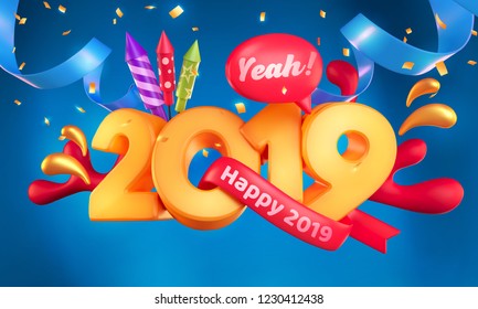 Happy New Year 2019. Golden 3D numbers with ribbons and confetti on blue background. Vector illustration