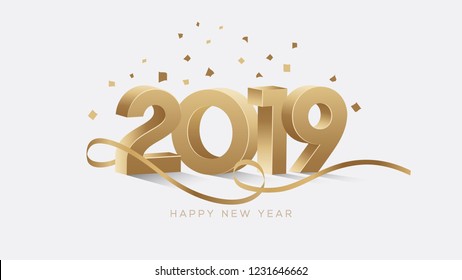 Happy New Year 2019. Golden 3D Numbers With Confetti On a White Background.