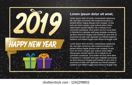 Happy New Year 2019 of with golden confetti. New Year decoration element. Vector illustration. EPS10