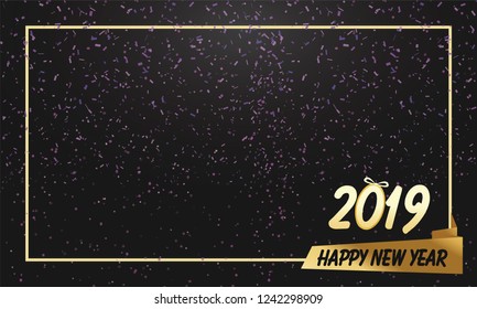 Happy New Year 2019 of with golden confetti. New Year decoration element. Vector illustration. EPS10, Copy space.
