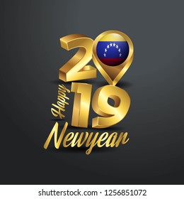 Happy New Year 2019 Golden Typography with Venezuela Flag Location Pin. Country Flag  Design