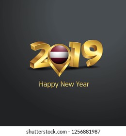 Happy New Year 2019 Golden Typography with Latvia Flag Location Pin. Country Flag  Design