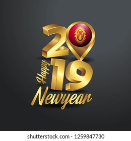 Happy New Year 2019 Golden Typography with Kyrgyzstan Flag Location Pin. Country Flag  Design