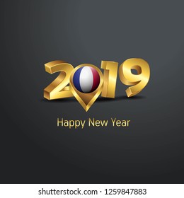Happy New Year 2019 Golden Typography with France Flag Location Pin. Country Flag  Design