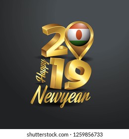 Happy New Year 2019 Golden Typography with Niger Flag Location Pin. Country Flag  Design