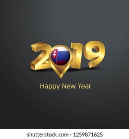 Happy New Year 2019 Golden Typography with Slovakia Flag Location Pin. Country Flag  Design