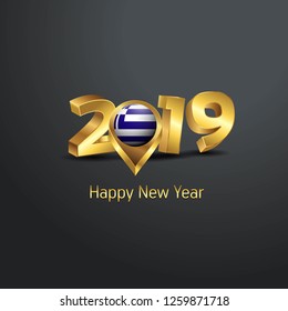 Happy New Year 2019 Golden Typography with Greece Flag Location Pin. Country Flag  Design