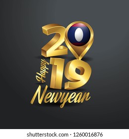 Happy New Year 2019 Golden Typography with Laos Flag Location Pin. Country Flag  Design