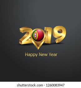 Happy New Year 2019 Golden Typography with Portugal Flag Location Pin. Country Flag  Design