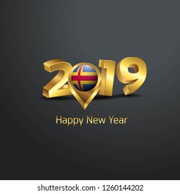 Happy New Year 2019 Golden Typography with Aland Flag Location Pin. Country Flag  Design