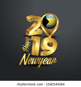 Happy New Year 2019 Golden Typography with Bahamas Flag Location Pin. Country Flag  Design