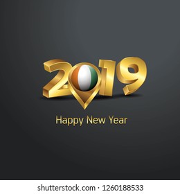 Happy New Year 2019 Golden Typography with Cote d Ivoire / Ivory Coast Flag Location Pin. Country Flag  Design