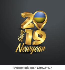 Happy New Year 2019 Golden Typography with Ukraine Flag Location Pin. Country Flag  Design