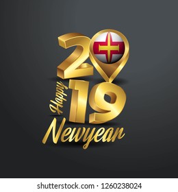 Happy New Year 2019 Golden Typography with Guernsey Flag Location Pin. Country Flag  Design