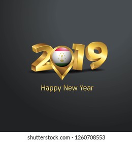 Happy New Year 2019 Golden Typography with Tajikistan Flag Location Pin. Country Flag  Design