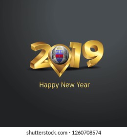 Happy New Year 2019 Golden Typography with Saint Barthelemy Flag Location Pin. Country Flag  Design