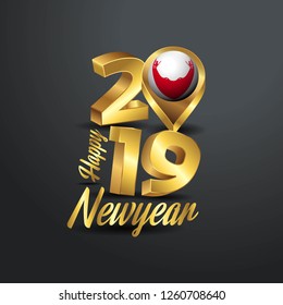 Happy New Year 2019 Golden Typography with Easter Island Rapa Nui Flag Location Pin. Country Flag  Design