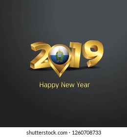 Happy New Year 2019 Golden Typography with San Marino Flag Location Pin. Country Flag  Design