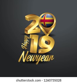 Happy New Year 2019 Golden Typography with Aland Flag Location Pin. Country Flag  Design