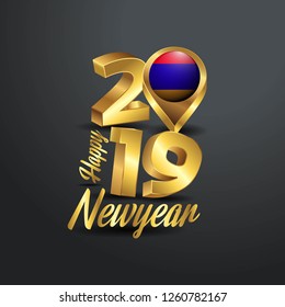 Happy New Year 2019 Golden Typography with Armenia Flag Location Pin. Country Flag  Design