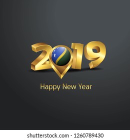 Happy New Year 2019 Golden Typography with Solomon Islands Flag Location Pin. Country Flag  Design