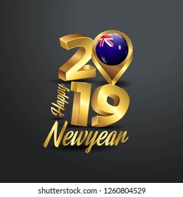 Happy New Year 2019 Golden Typography with Australia Flag Location Pin. Country Flag  Design