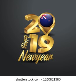 Happy New Year 2019 Golden Typography with New Zealand Flag Location Pin. Country Flag  Design