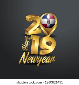 Happy New Year 2019 Golden Typography with Dominican Republic Flag Location Pin. Country Flag  Design