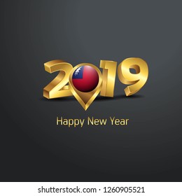 Happy New Year 2019 Golden Typography with Taiwan Flag Location Pin. Country Flag  Design