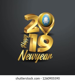 Happy New Year 2019 Golden Typography with Kalmykia Flag Location Pin. Country Flag  Design